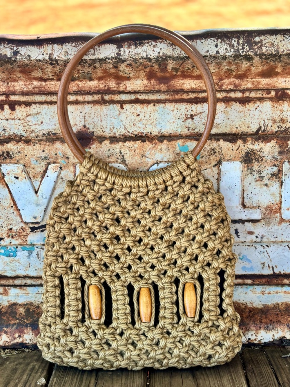 Handcrafted Macramé Hobo Bag with Wooden Ring Handles - Natural Beige